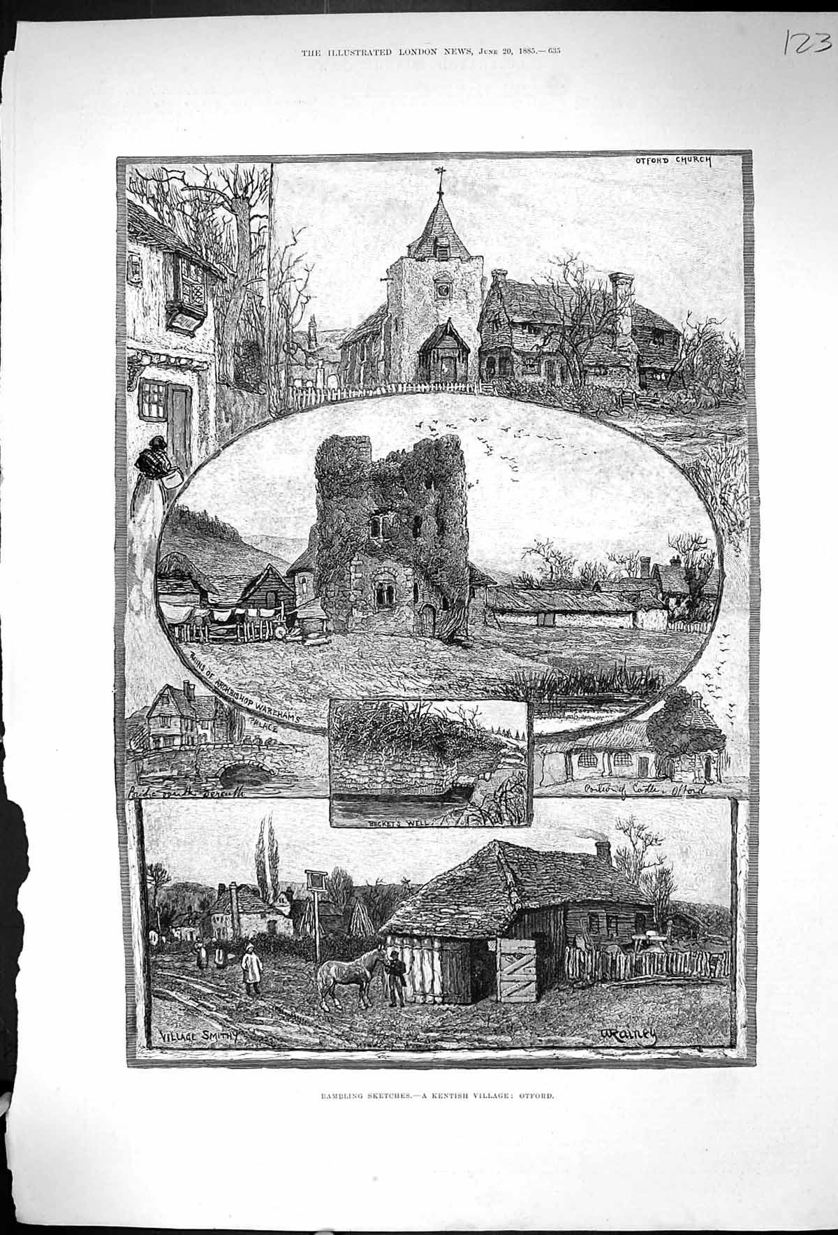 Antique Old Print 1885 Otford Castle Church Becket'S Well Archbishop Wareham