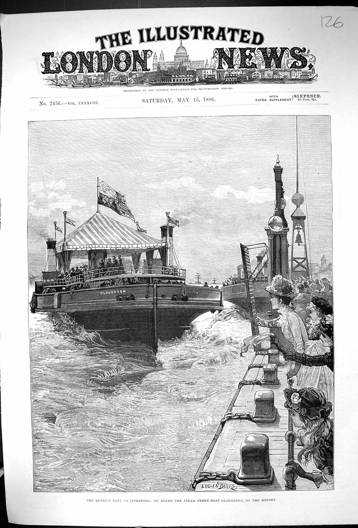 Old 1886 Quee Visit Liverpool Steam Ferry Boat Claughton River Mersey Victorian