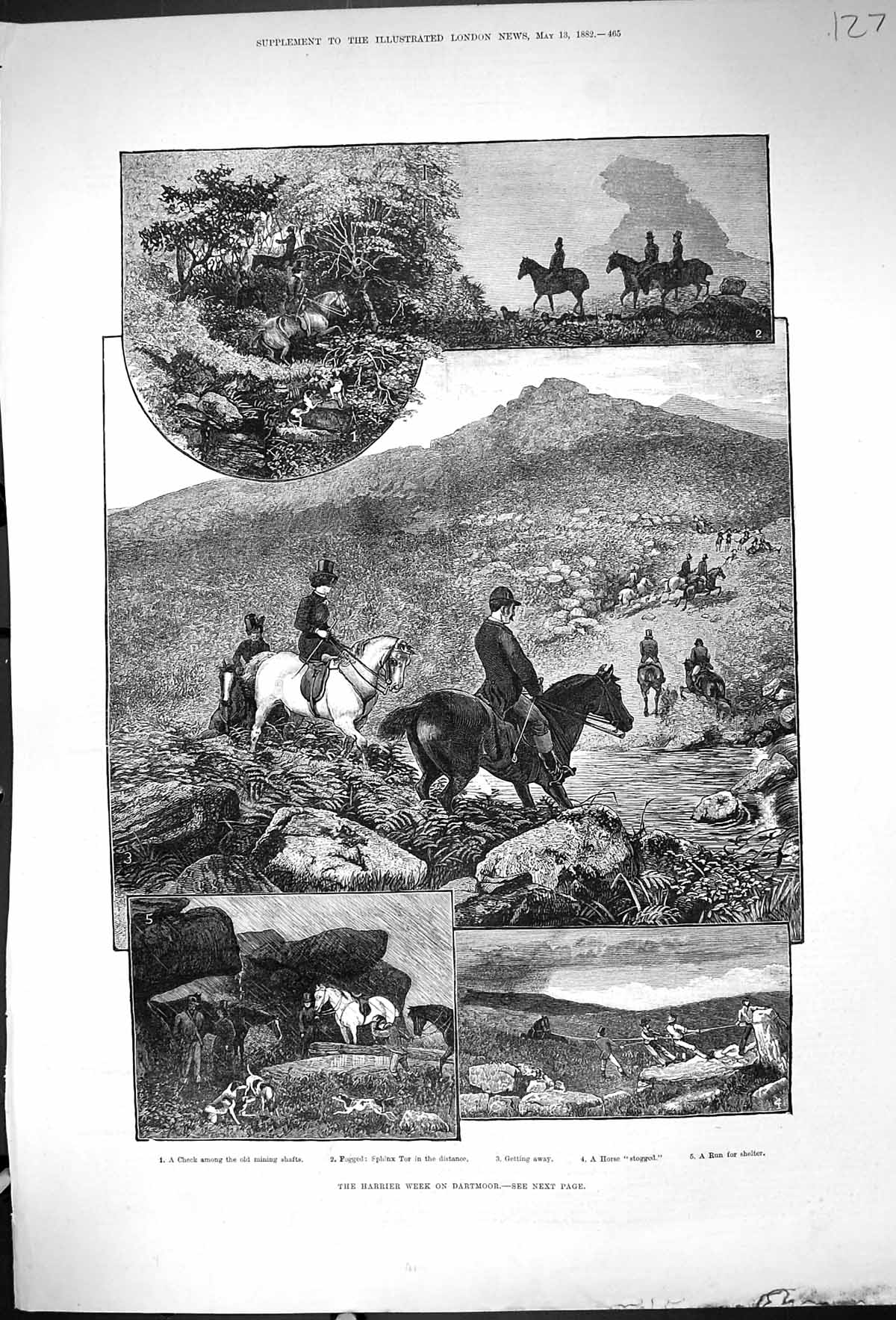Antique Old Print 1882 Harrier Week Dartmoor Sphinx Tor Mining Shafts Horses
