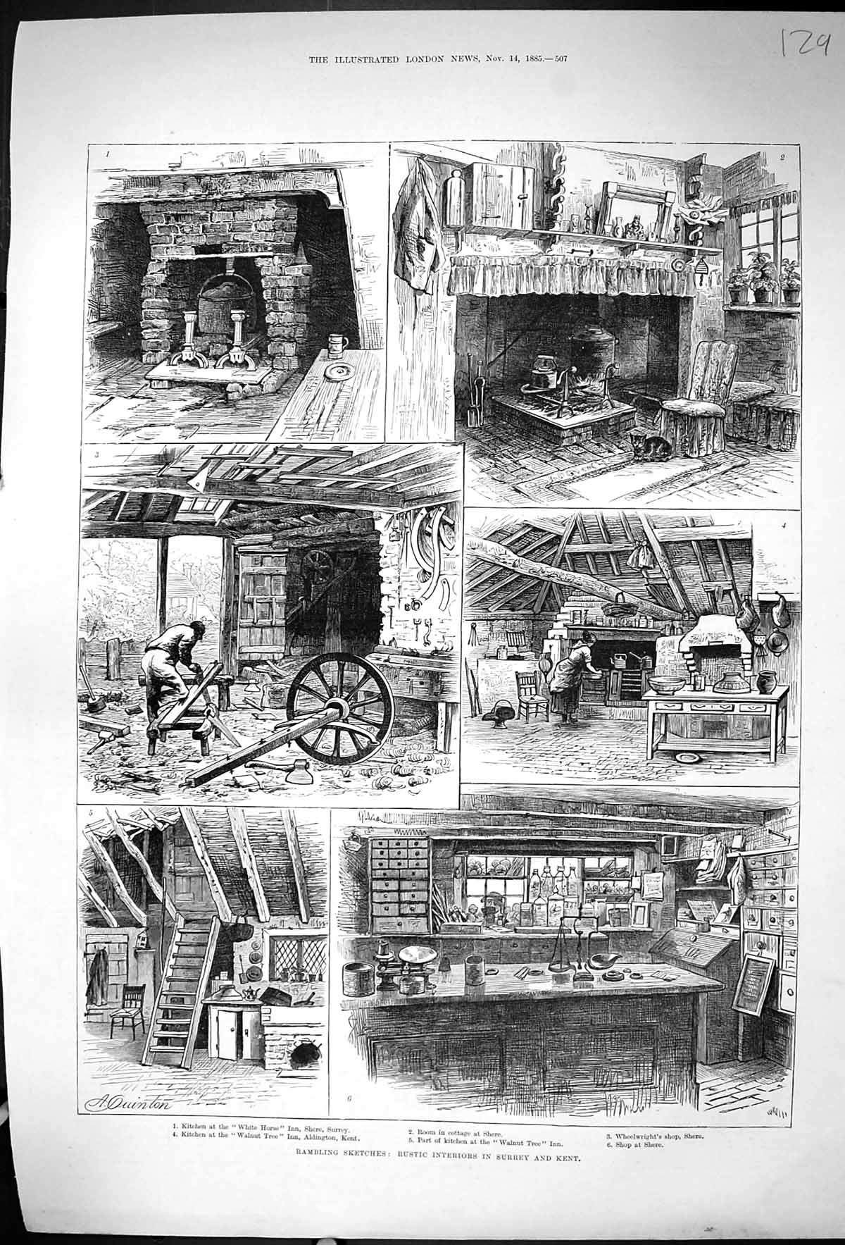 Old Print 1885 Surrey Kent White Horse Inn Walnut Tree Wheelwright Shere 19th