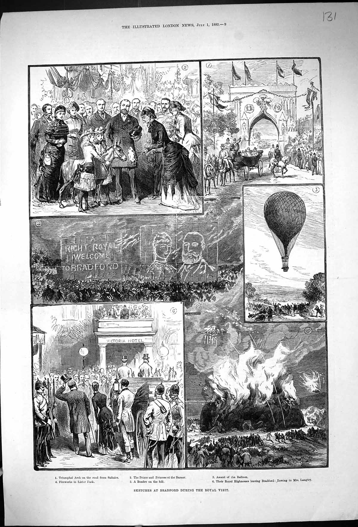 Antique Print 1882 Bradford Prince Wales Ascent Balloon Langtry Lister Park
