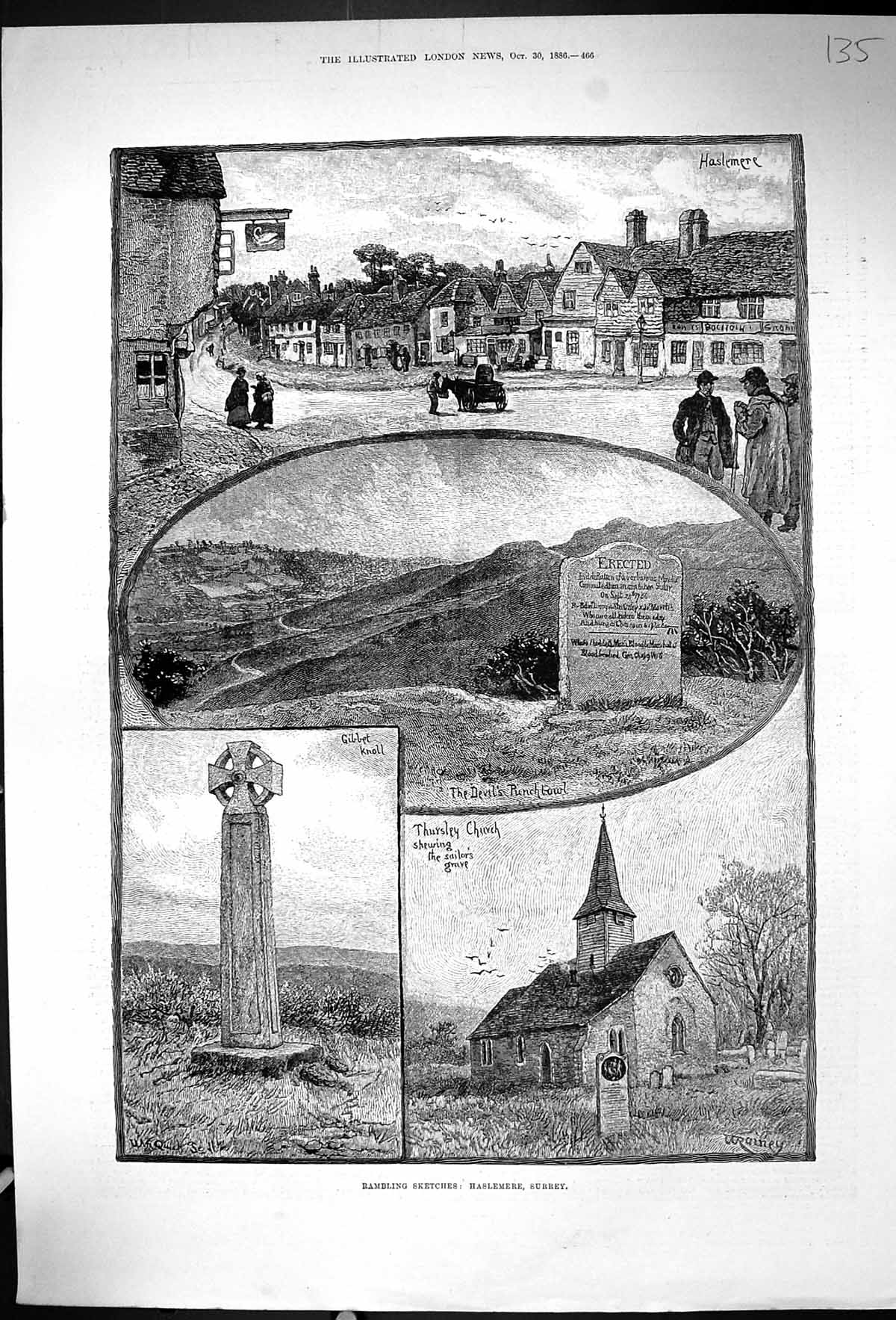 Old Print 1886 Haslmemere Church Gibbet Knoll Thursley Devil'S Punchbowl 19th