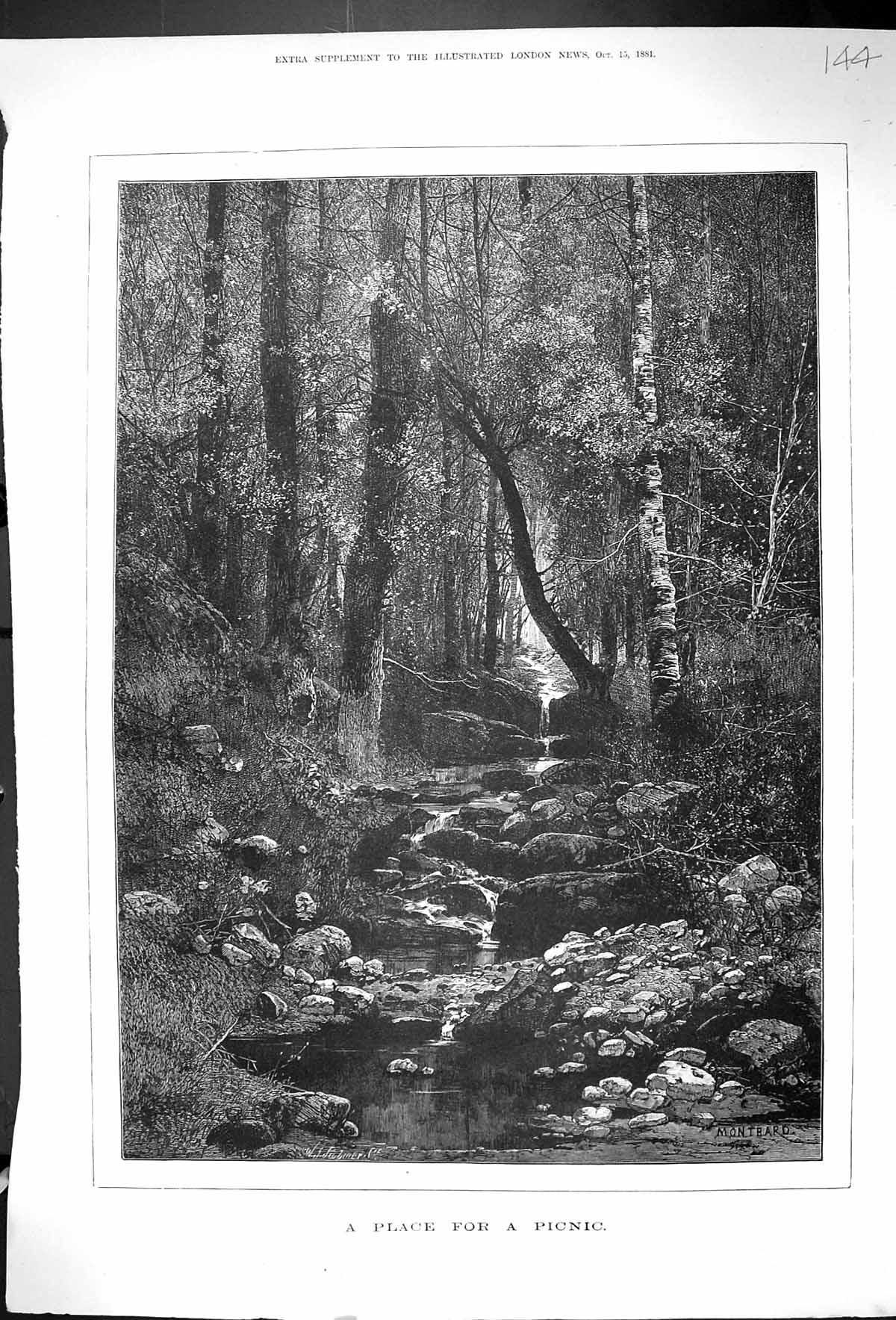 Original Old Antique Print 1881 Place For A Picnic Forest Stream Montbard 19th