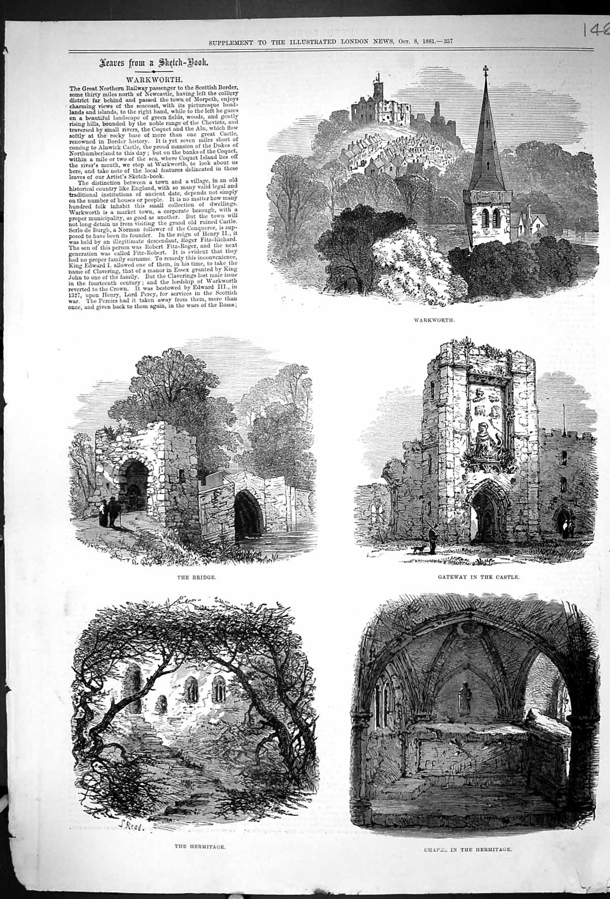 Old Antique Print 1881 Warkworth Gateway Castle Chapel Hermitage Bridge 19th