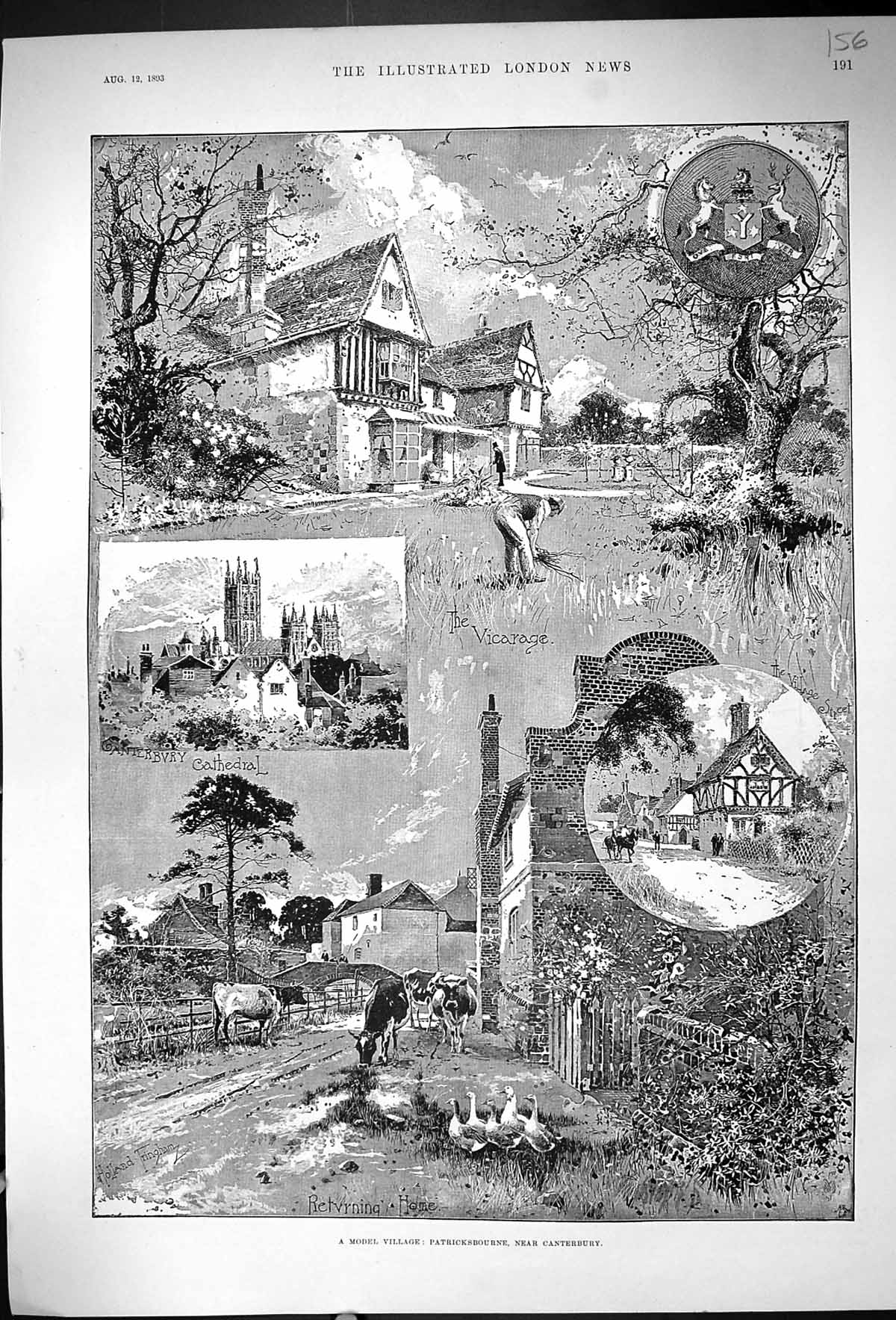 Old Print 1893 Model Village Patricksbourne Canterbury Cathedral Vicarage 19th