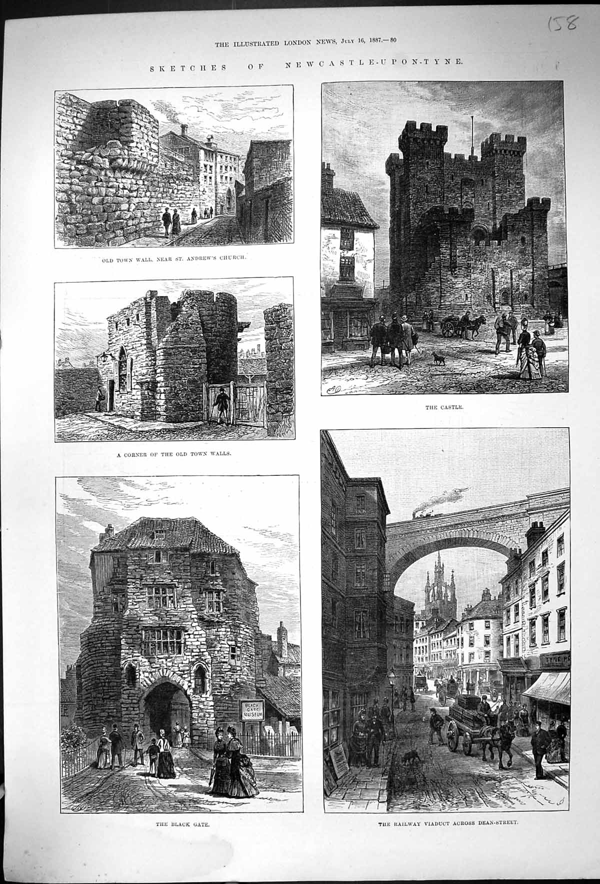 Old 1887 Newcastle-Upon-Tyne Castle Railway Viaduct Dean Street Black Victorian