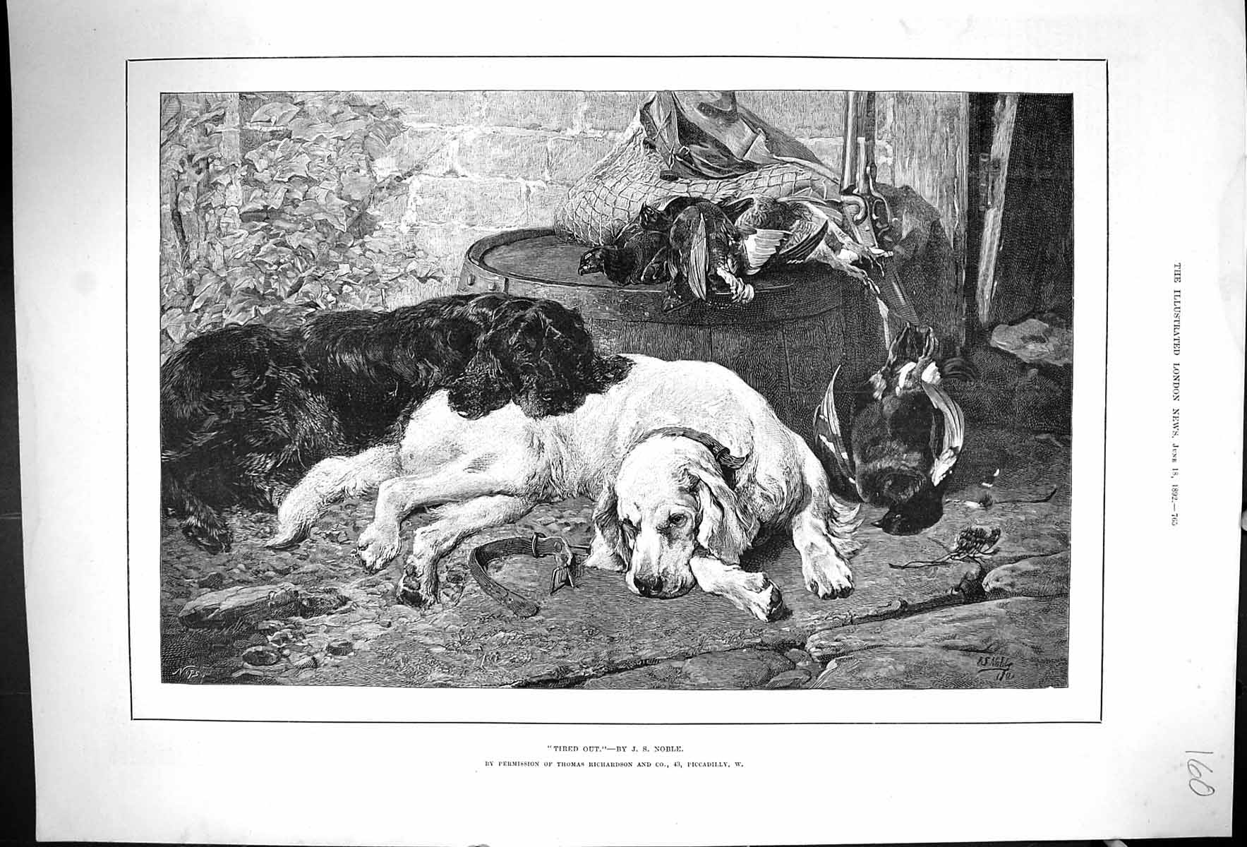 Original Old Antique Print Noble 1892 Tired Out Hunting Dogs Dead Birds 19th