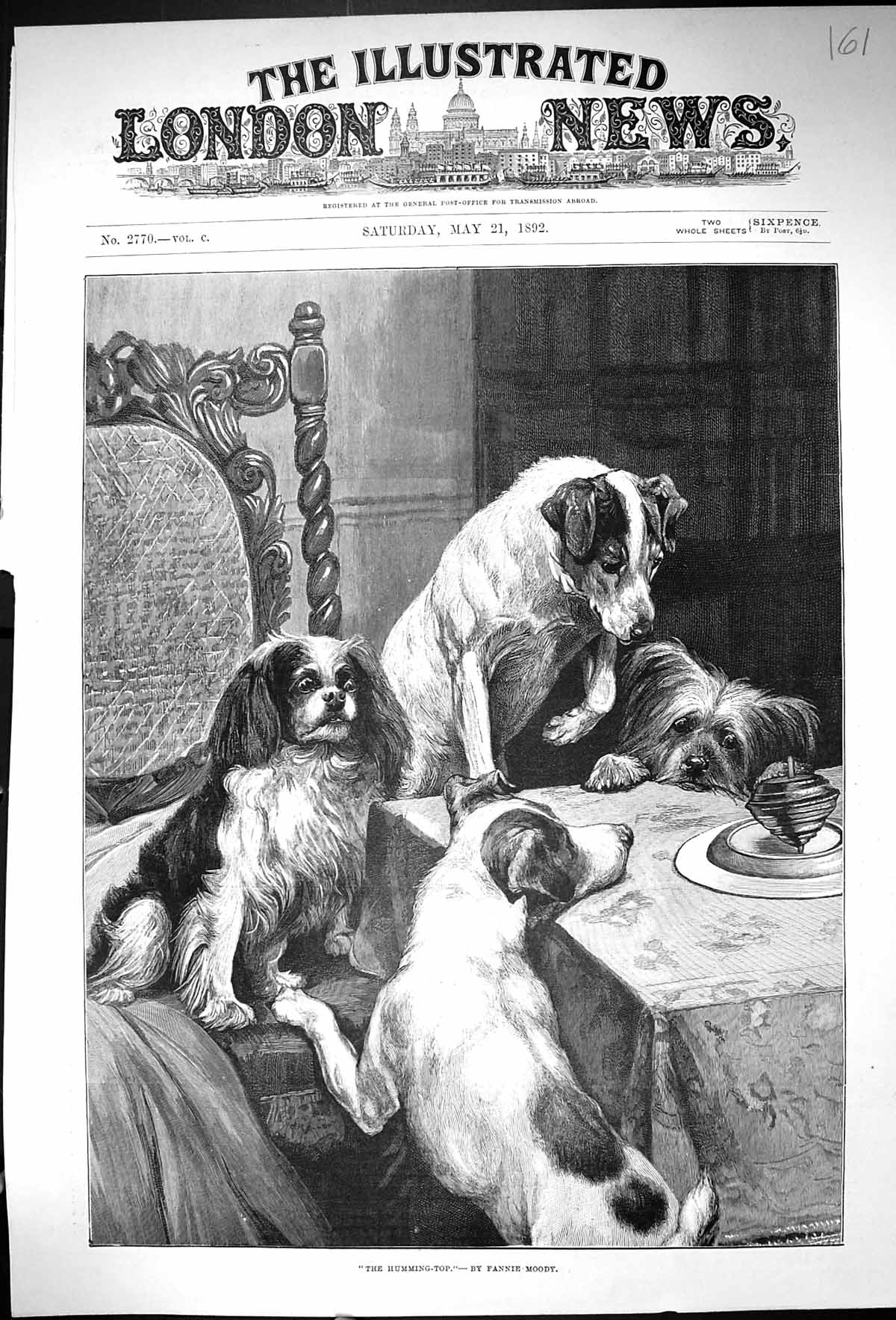 Old Antique Print 1892 Humming Top Table Pet Dogs Watching Fannie Moody 19th