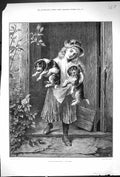 Original Old Antique Print 1882 Troublesome Twins Young Girl Puppy Dogs 19th