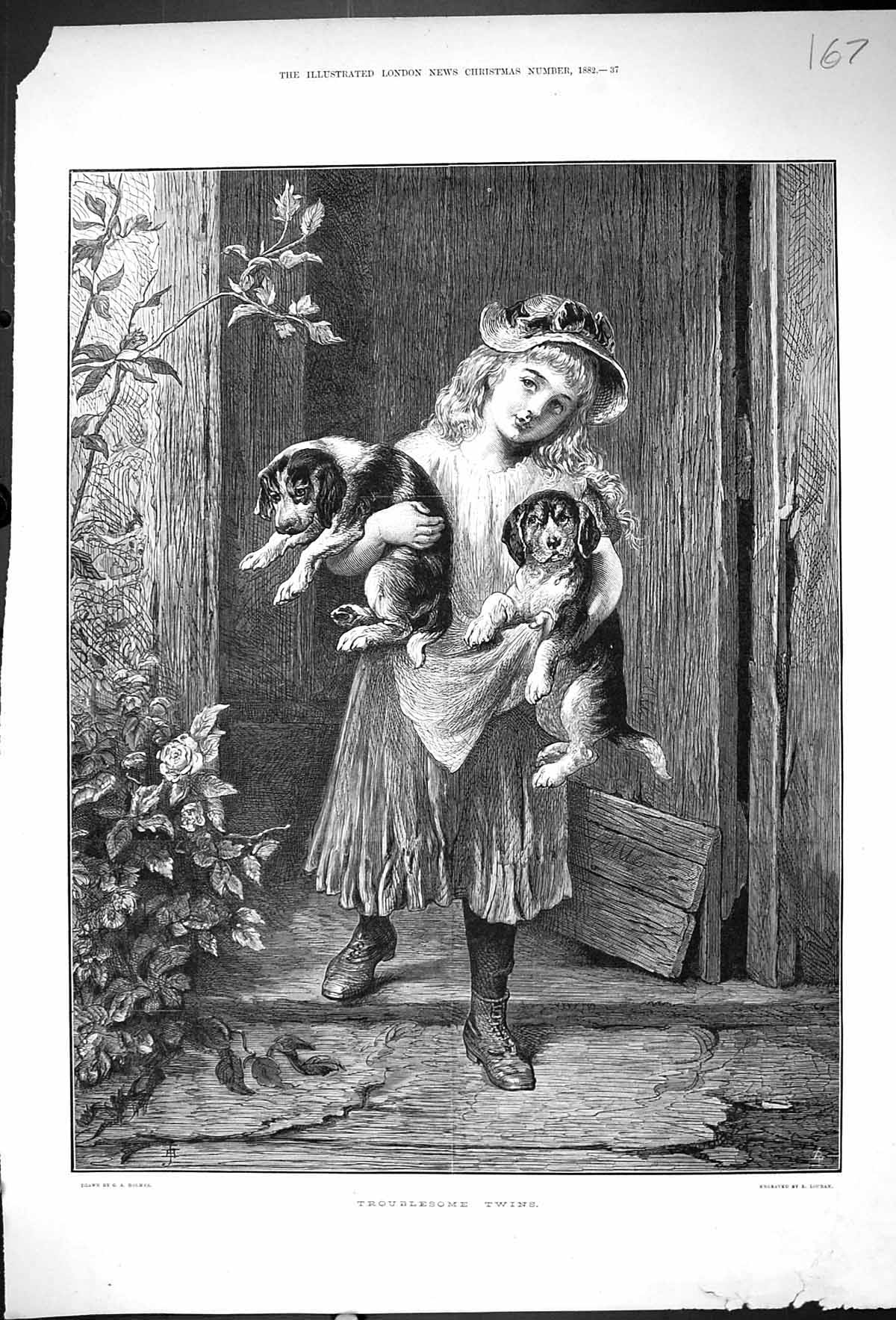 Original Old Antique Print 1882 Troublesome Twins Young Girl Puppy Dogs 19th