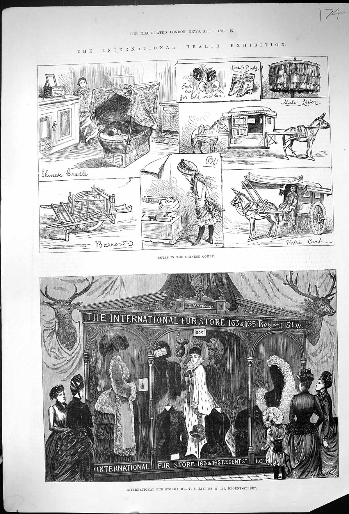 Antique Print 1884 International Fur Store Health Exhibition Chinese Court 19th