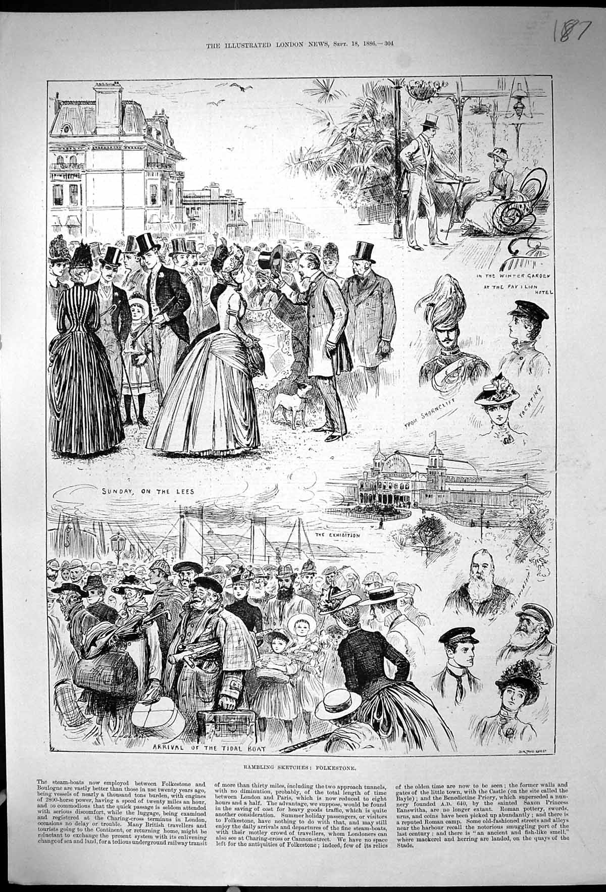 Old Print 1886 Folkestone Winter Garden Pavilion Hotel Arrival Tidal Boat 19th