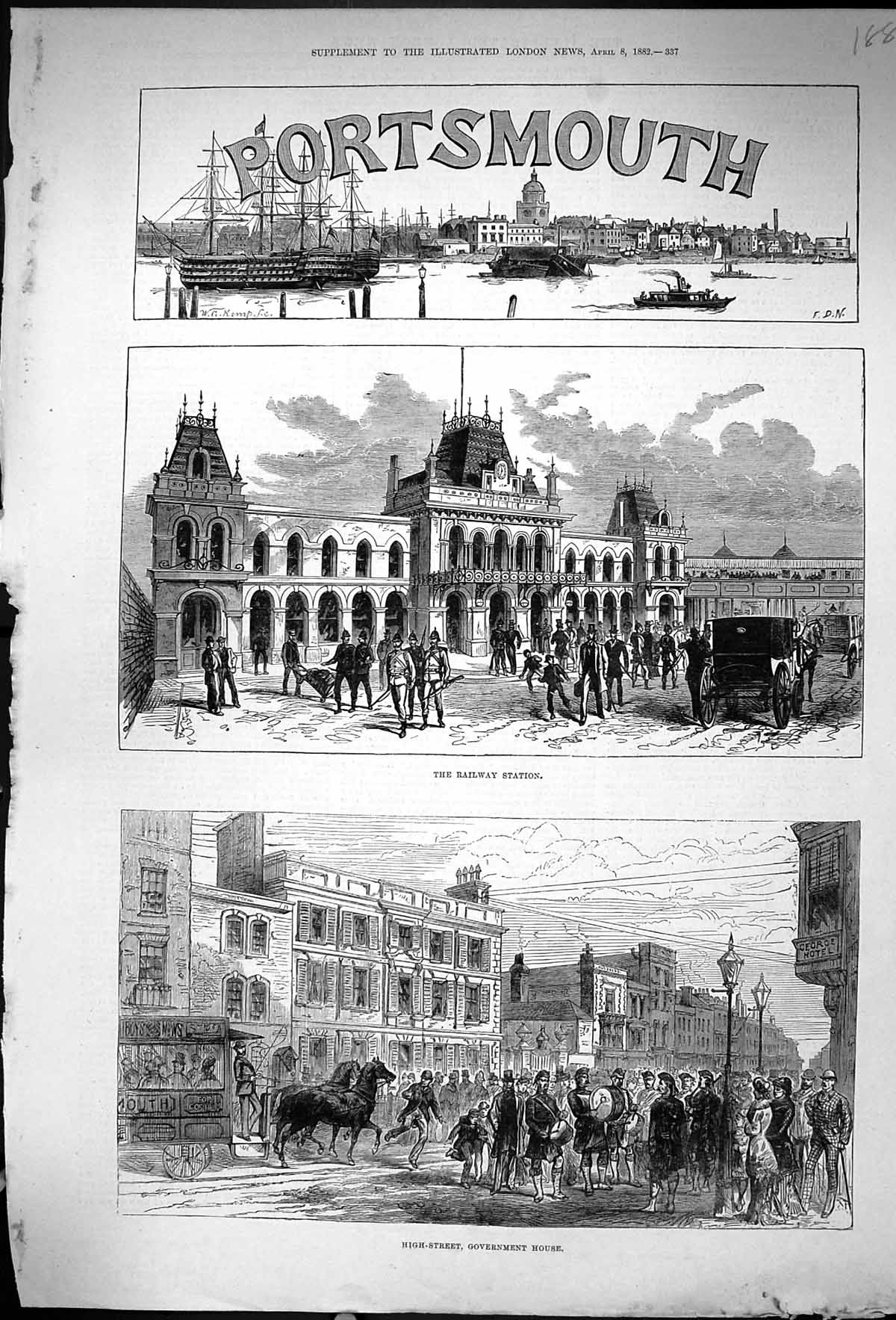 Antique Print 1882 Portsmouth Railway Station High Street Government House 19th