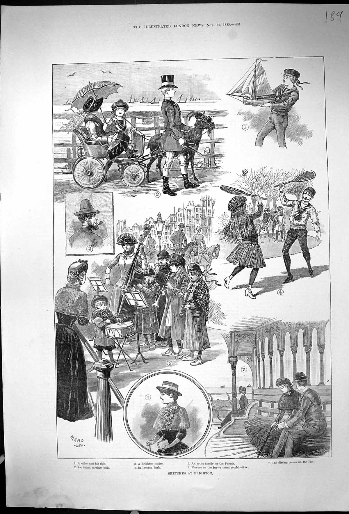 Antique Old Print Brighton Preston Park Family Music Parade Boy Model Ship 19th