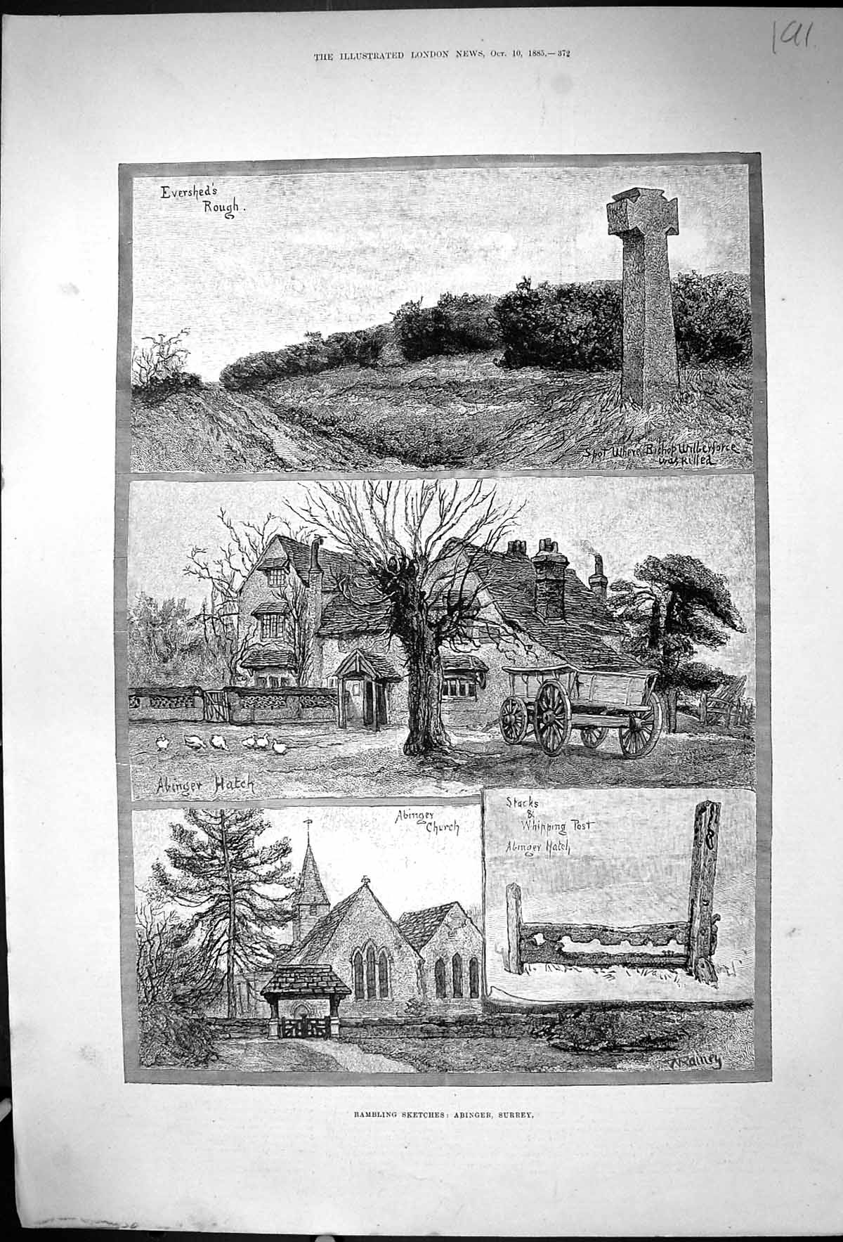 Old Print 1885 Abinger Surrey Church Evershed'S Rough Bishop Wilberforce 19th