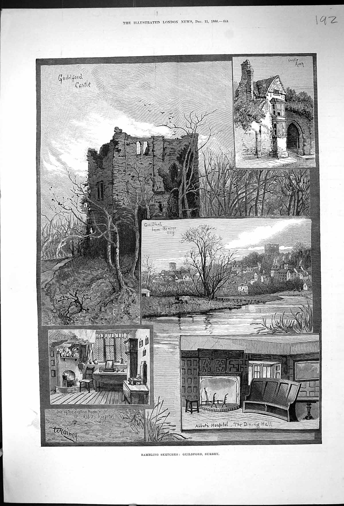 Old Antique Print 1886 Guildford Surrey Castle River Wey Abbot'S Hospital 19th