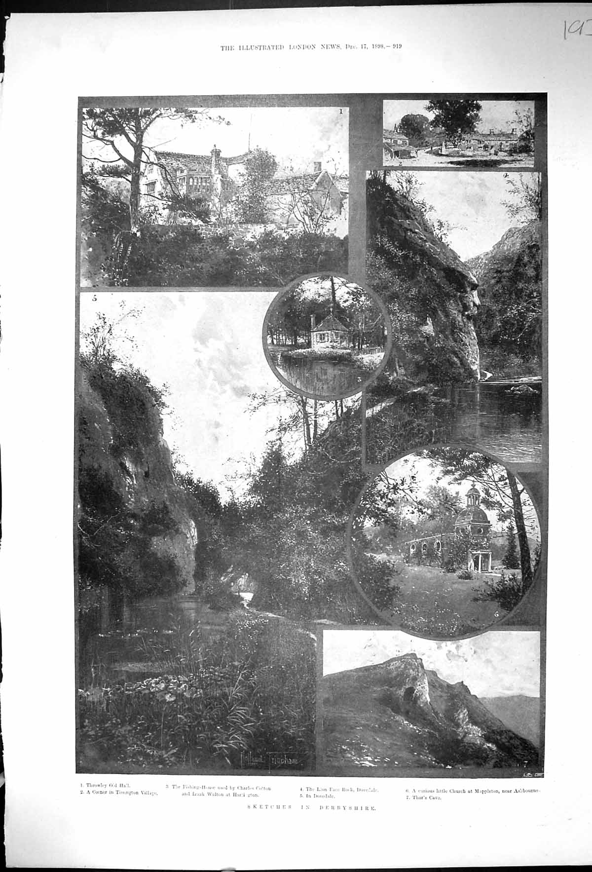 Antique Print 1898 Derbyshire Church Mappleton Throwley Hall Charles Cotton