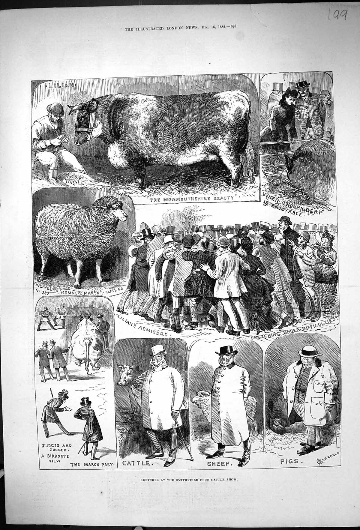 Old Print 1882 Smithfield Club Cattle Show Judges Sheep Pigs Romney Marsh 19th