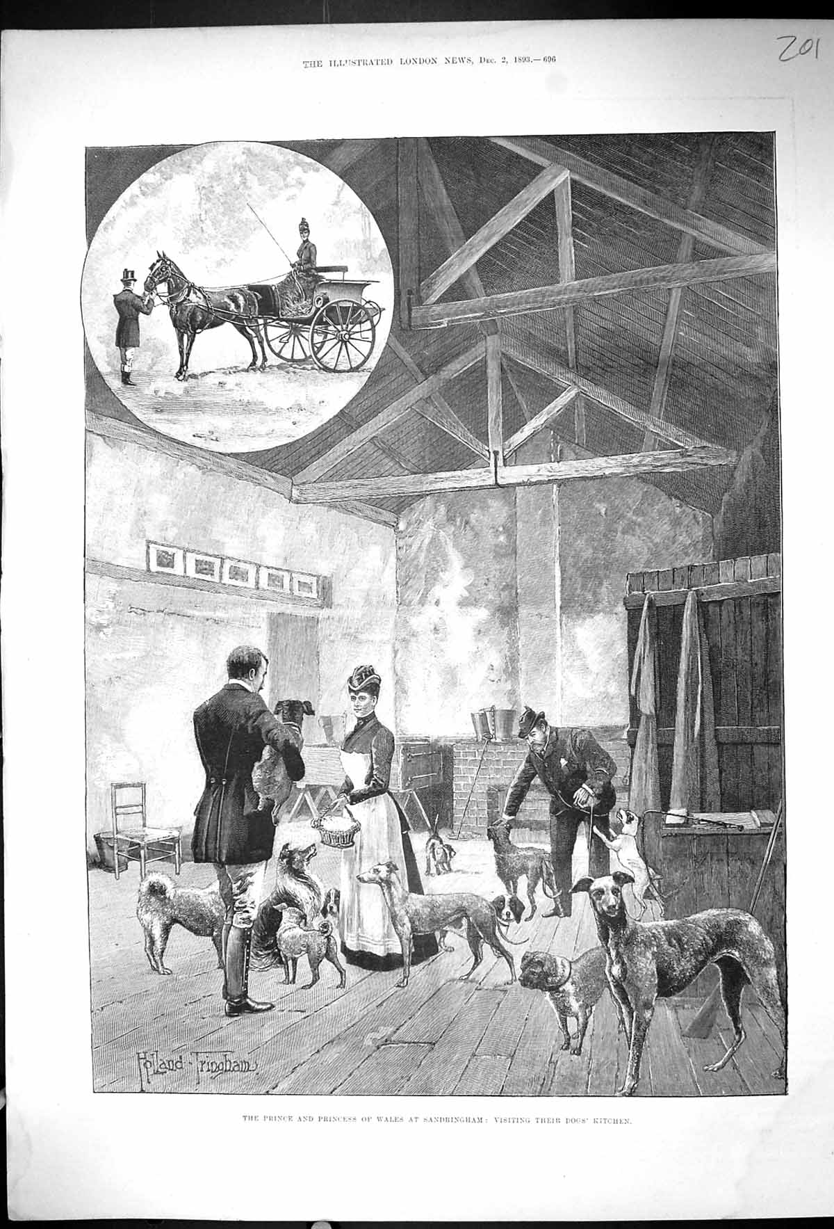 Original Old Antique Print 1893 Prince Princess Wales Sandringham Dogs Kitchen