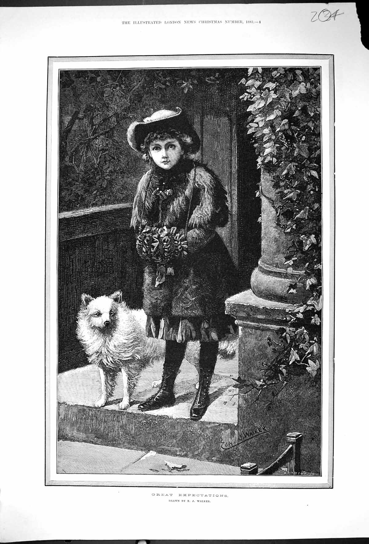 Original Old Antique Print 1883 Great Expectations Young Girl Door Step Pet Dog