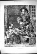 Antique Old Print 1885 Who Speaks First Young Girl Boy Pet Dogs Cats Garland
