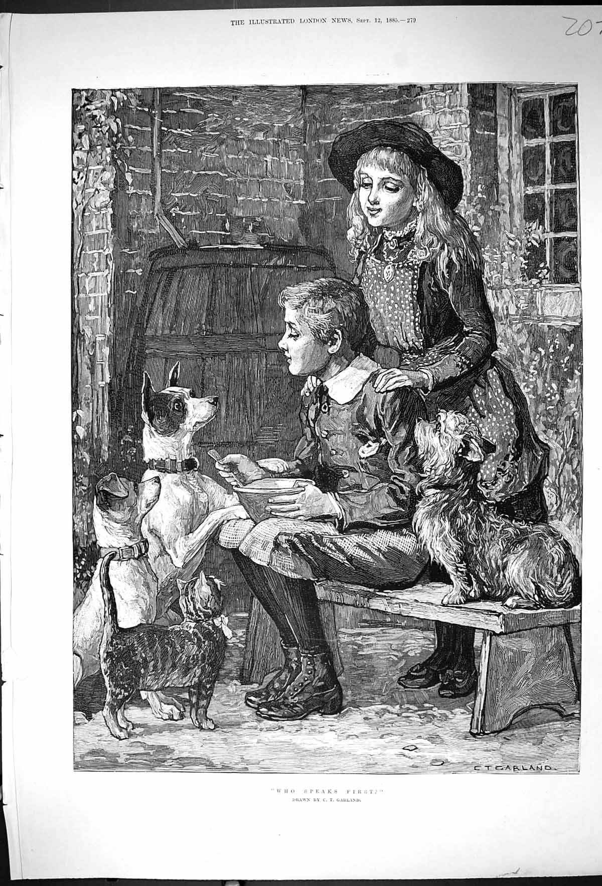 Antique Old Print 1885 Who Speaks First Young Girl Boy Pet Dogs Cats Garland