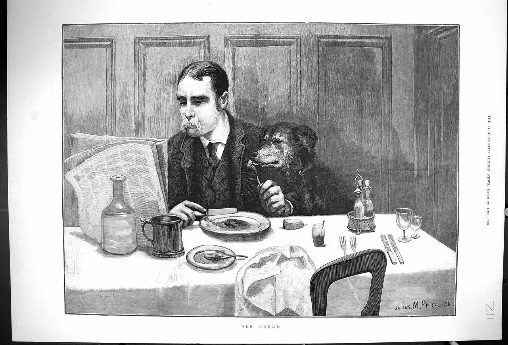 Original Old Antique Print Price 1890 Chums Man Pet Dog Eating Dinner Table