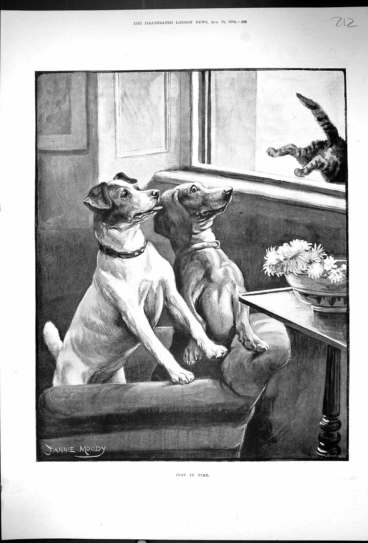Old Print 1894 Pet Dogs Cat Jumping Out Window Just In Time Fannie Moody 19th