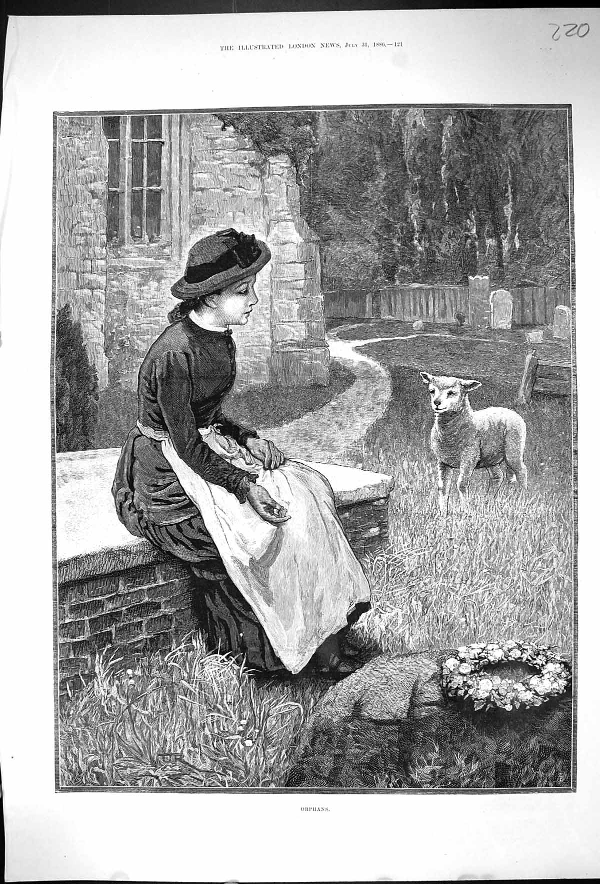 Original Old Antique Print 1886 Orphans Young Woman Pet Lamb Churchyard 19th