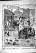Antique Old Print 1885 Rustic Apollo Young Boy Playing Music Farmyard Animals