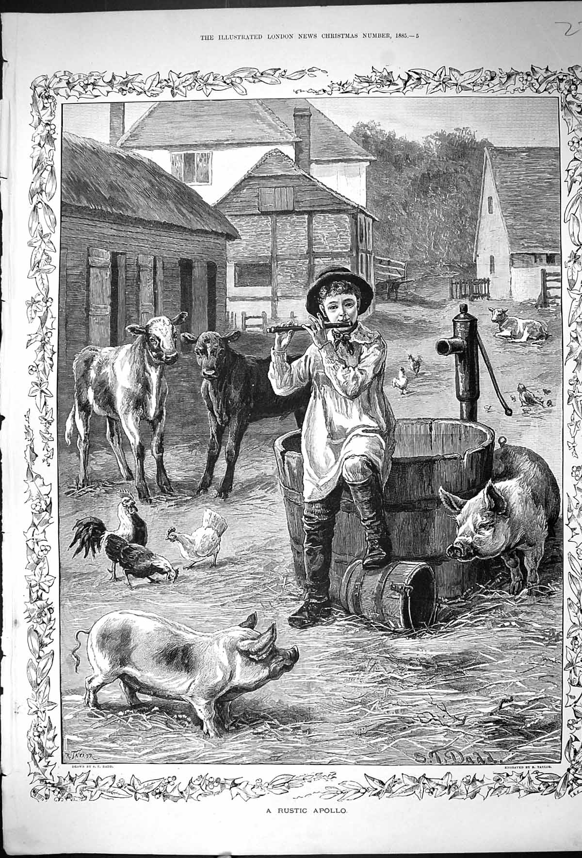 Antique Old Print 1885 Rustic Apollo Young Boy Playing Music Farmyard Animals