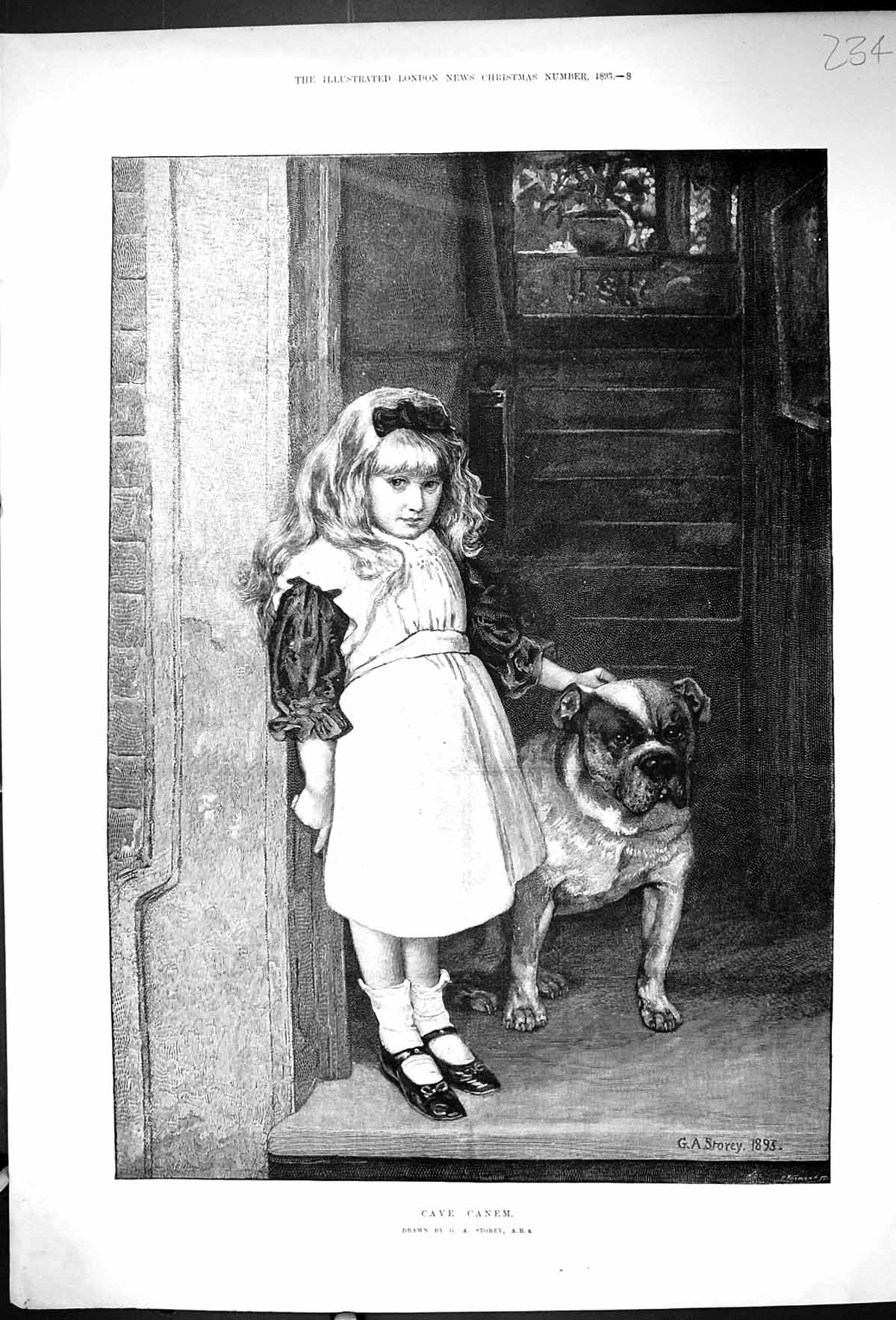 Original Old Antique Print Storey 1893 Young Girl Pet Dog House Doorstep 19th