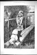 Original Old Antique Print 1893 Walking The Plank Young Girl Dog Pulling Dress