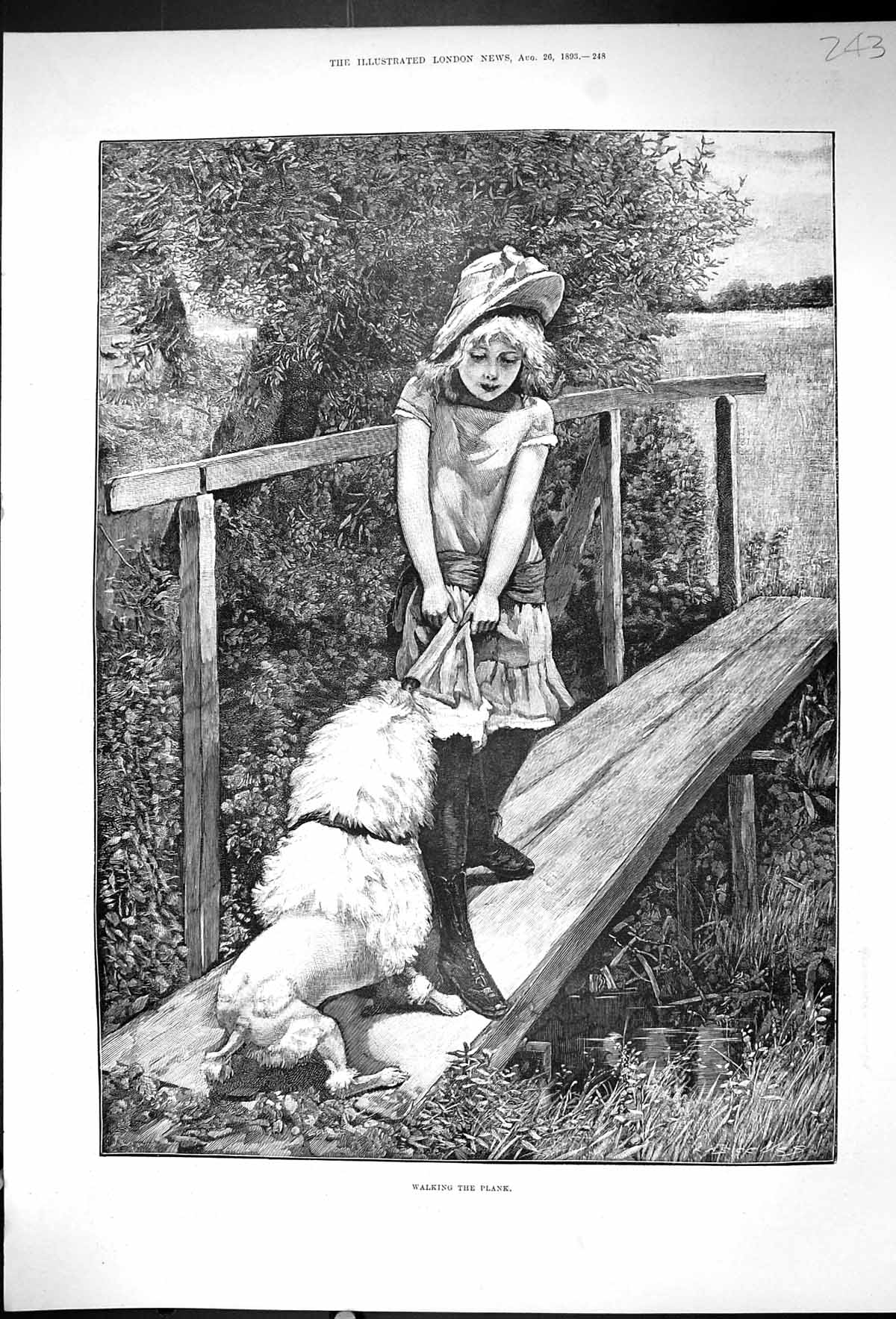 Original Old Antique Print 1893 Walking The Plank Young Girl Dog Pulling Dress