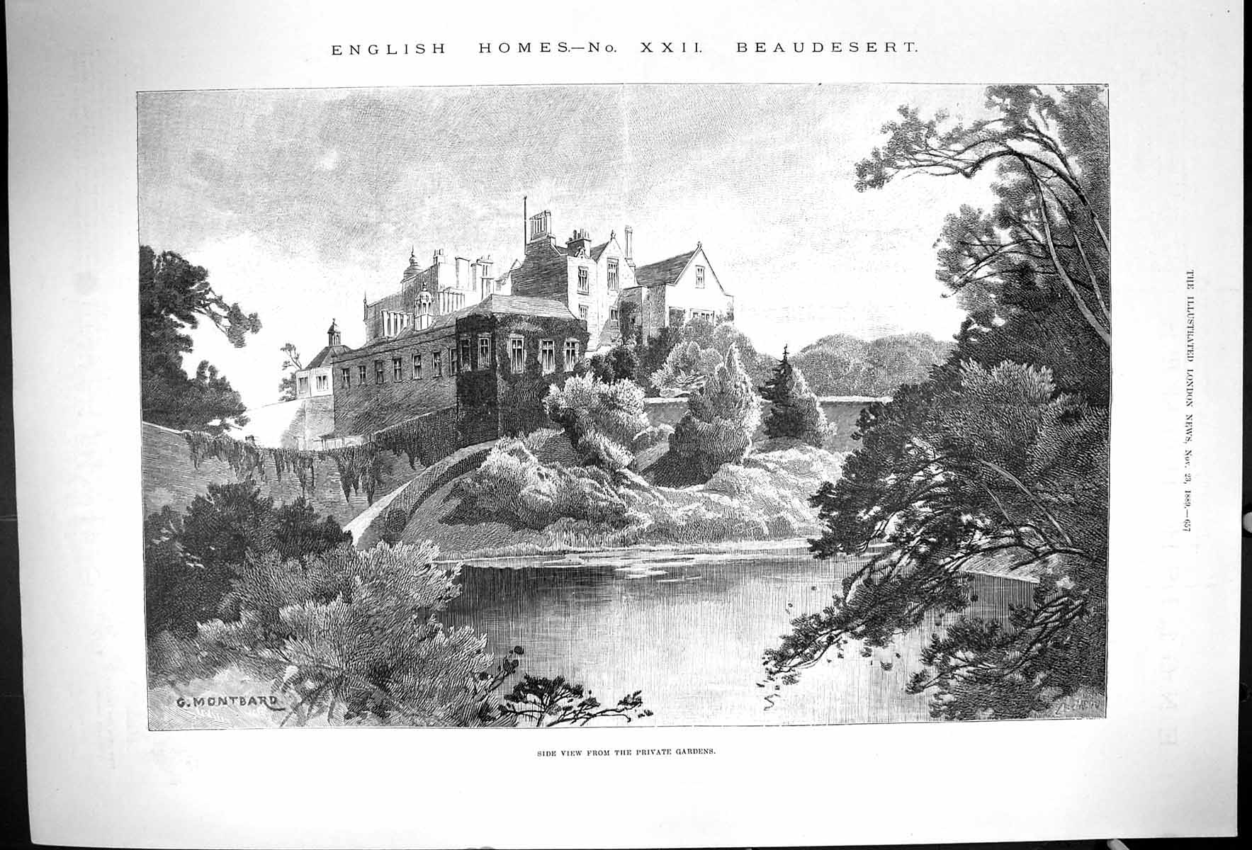 Old Antique Print 1889 Beaudesert England Mansion House Private Gardens 19th