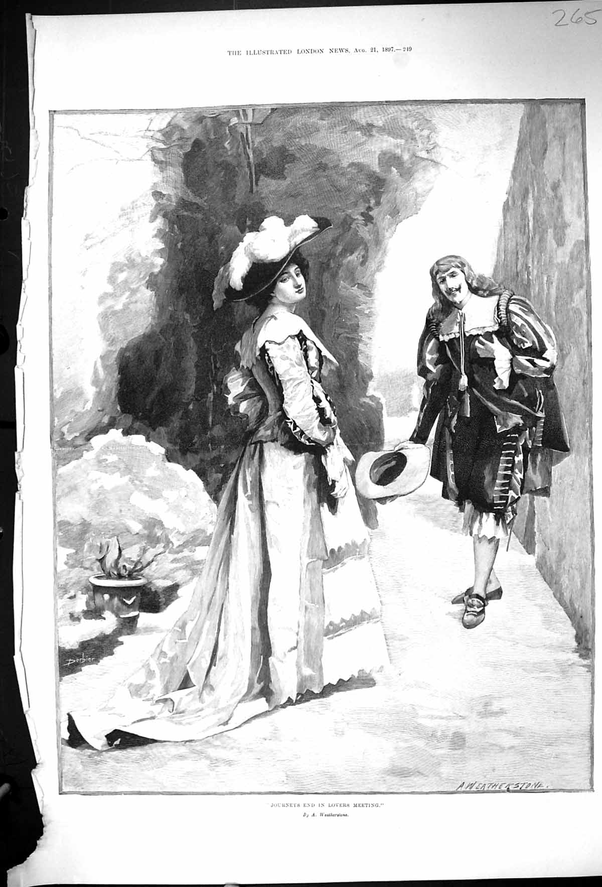 Original Old Antique Print 1897 Journeys End Lovers Meeting Man Lady Romance