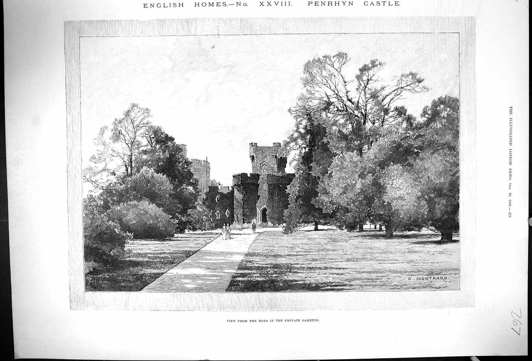 Original Old Antique Print England Penrhyn Castle Private Gardens 1891 19th