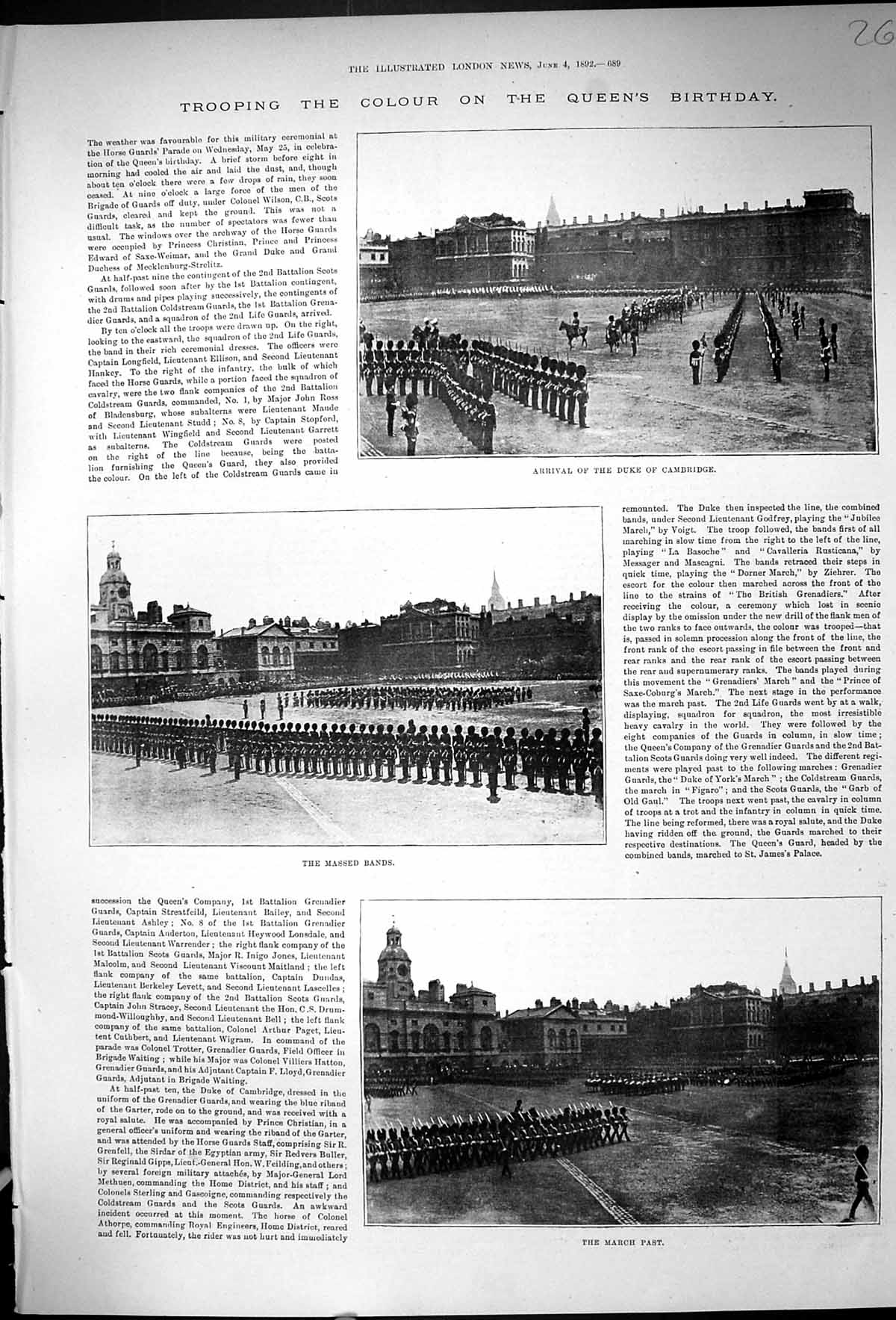 Original Old Antique Print 1892 Trooping Colour Duke Cambridge Massed Bands