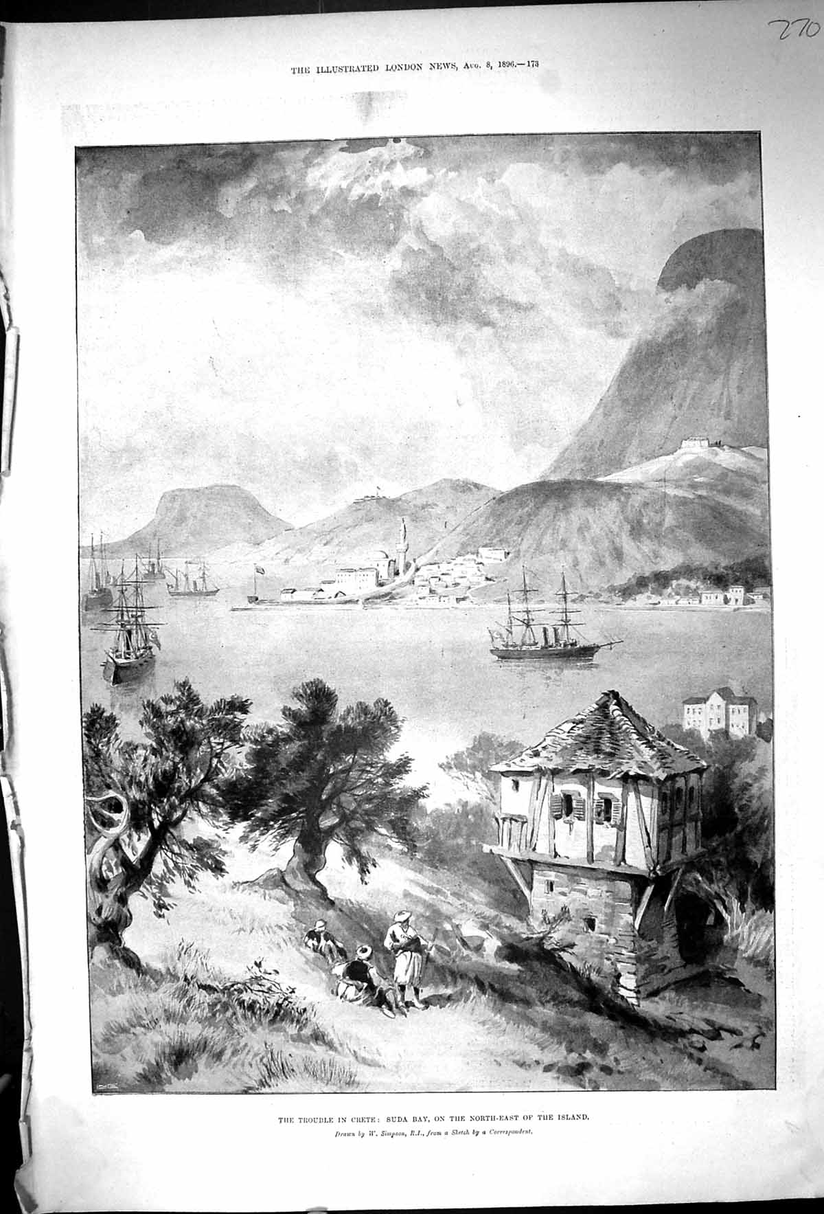 Antique Old Print 1896 Trouble Island Crete Suda Bay Ships Houses Mountains