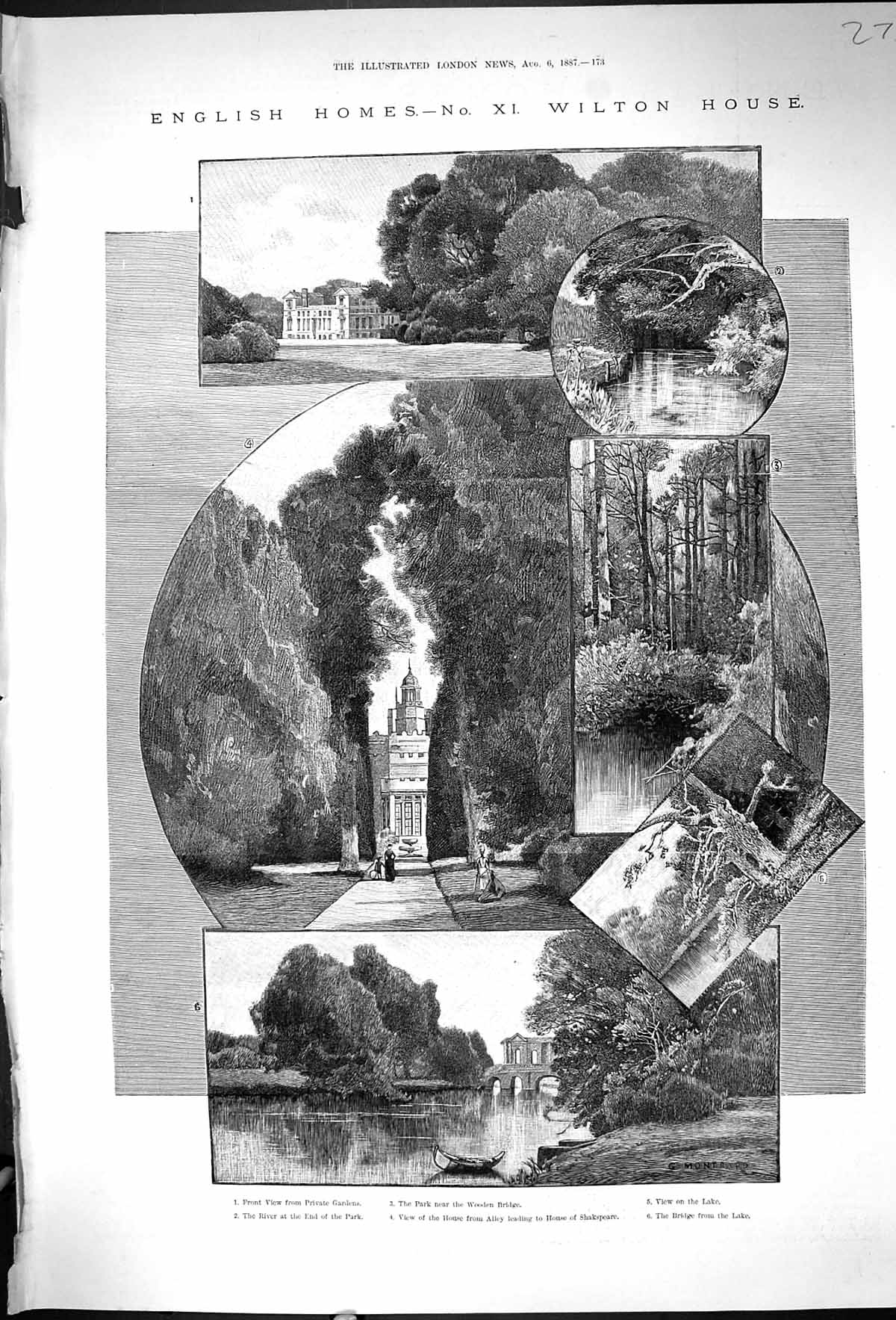 Antique Old Print 1887 Wilton House Private Gardens Lake England Architecture