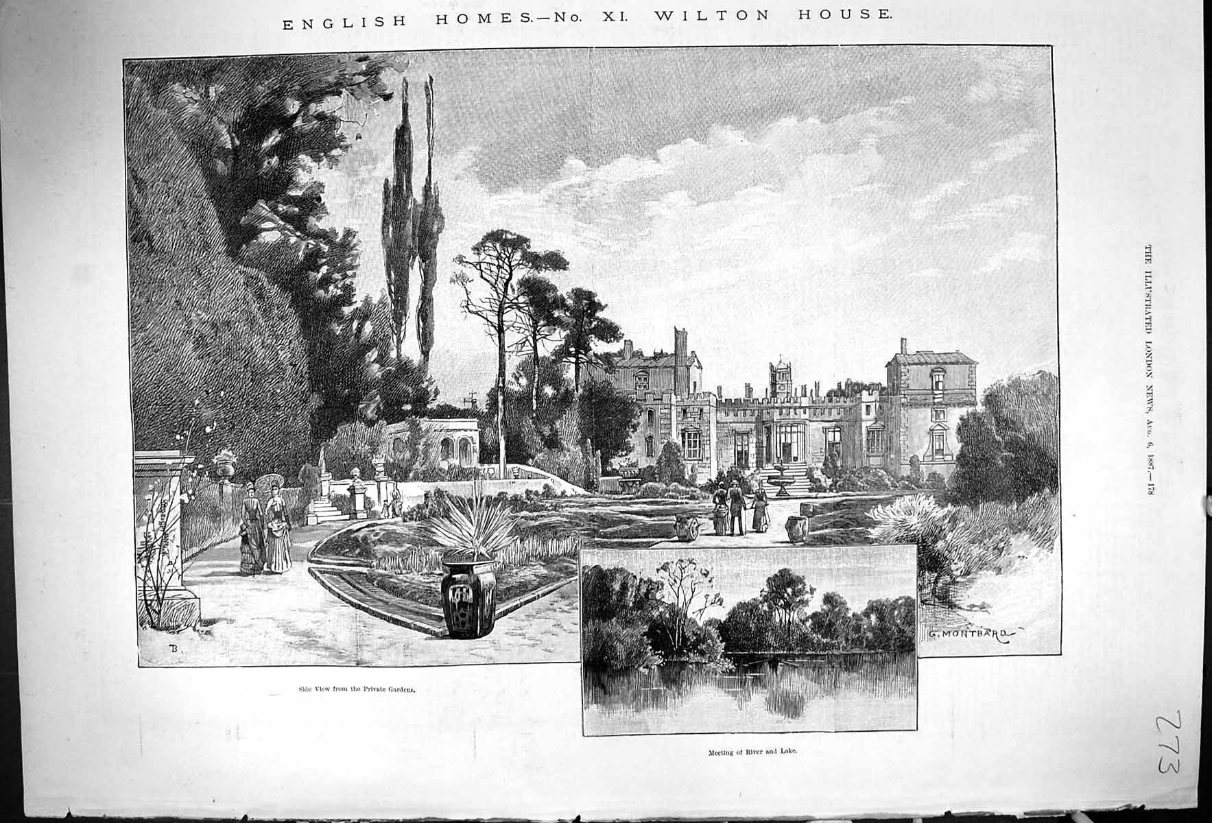 Original Old Antique Print 1887 Wilton House England Private Gardens River Lake