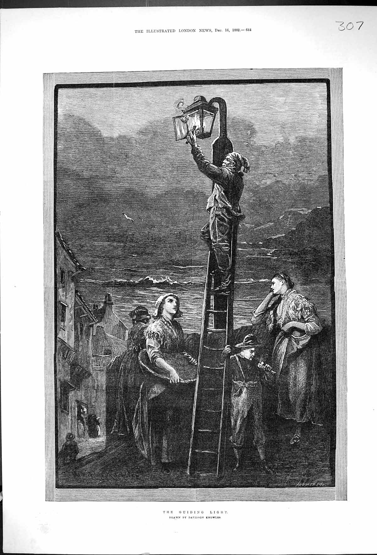 Antique Old Print 1882 Guiding Light Fishermen Sea Lantern Davidson Knowles