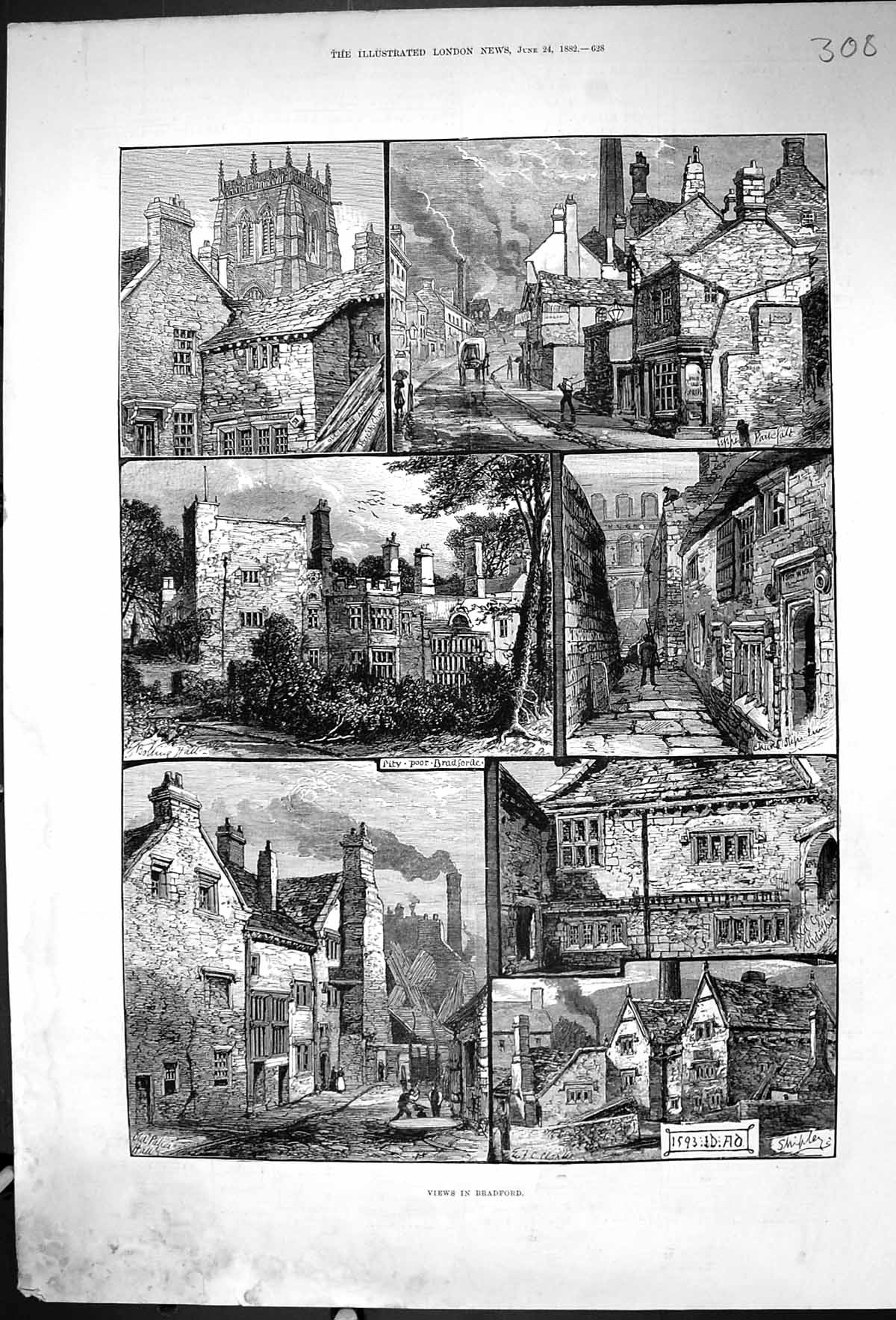 Antique Print 1882 Bradford Houses Parish Church Bolling Hall Architecture 19th