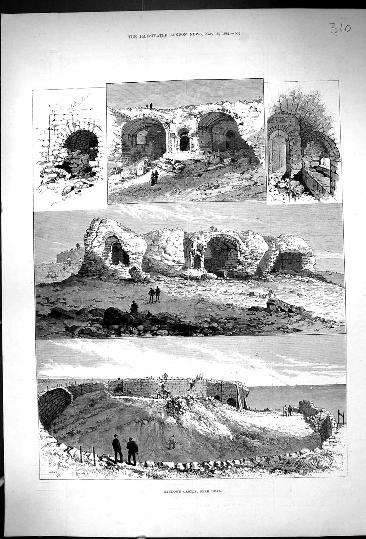 Original Old Antique Print 1882 Sandown Castle Deal Architecture Ruins 19th