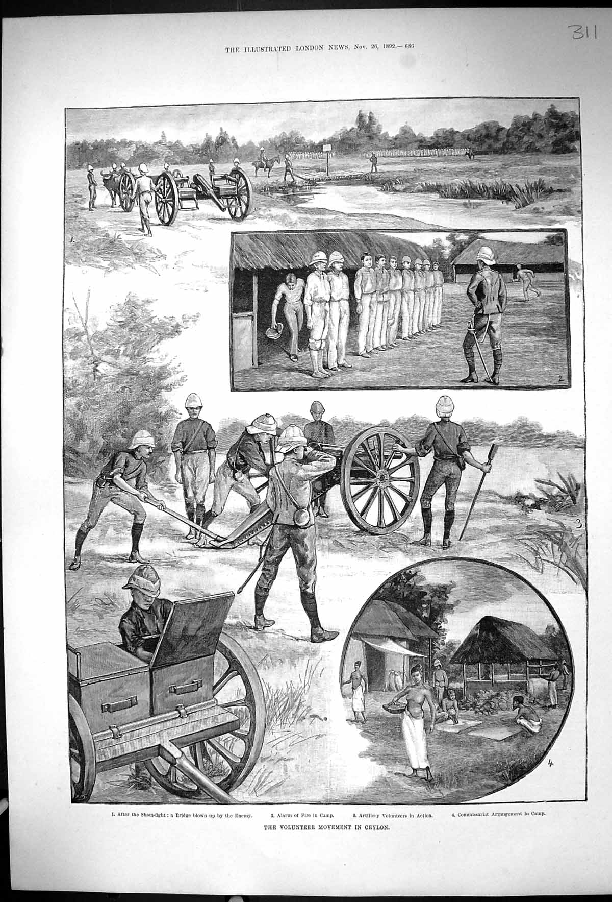 Old Antique Print 1892 Volunteer Movement Ceylon Siers Sham-Fight Siers 19th