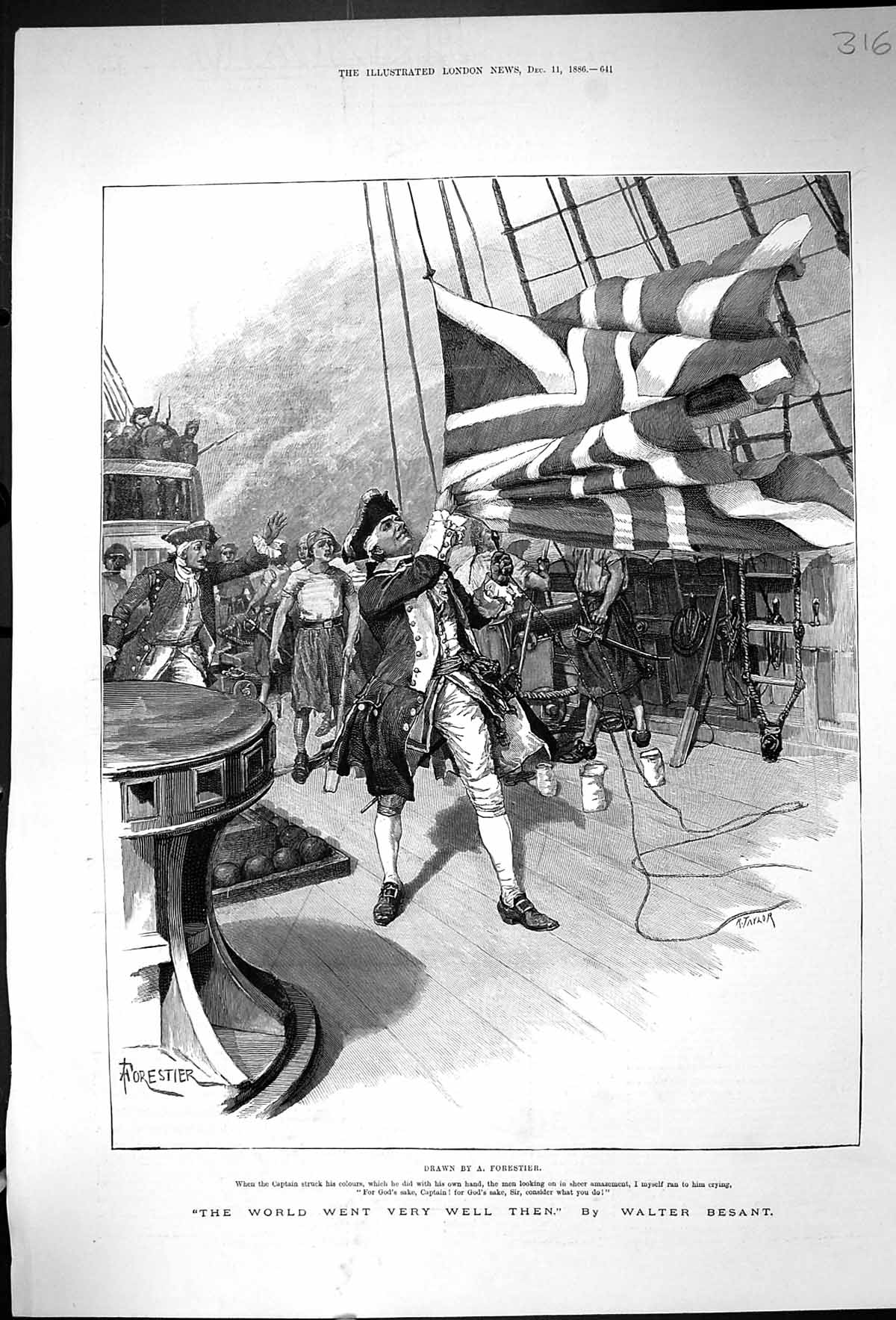 Original Old Antique Print 1886 Captain Ship Raising Flag Walter Besant 19th
