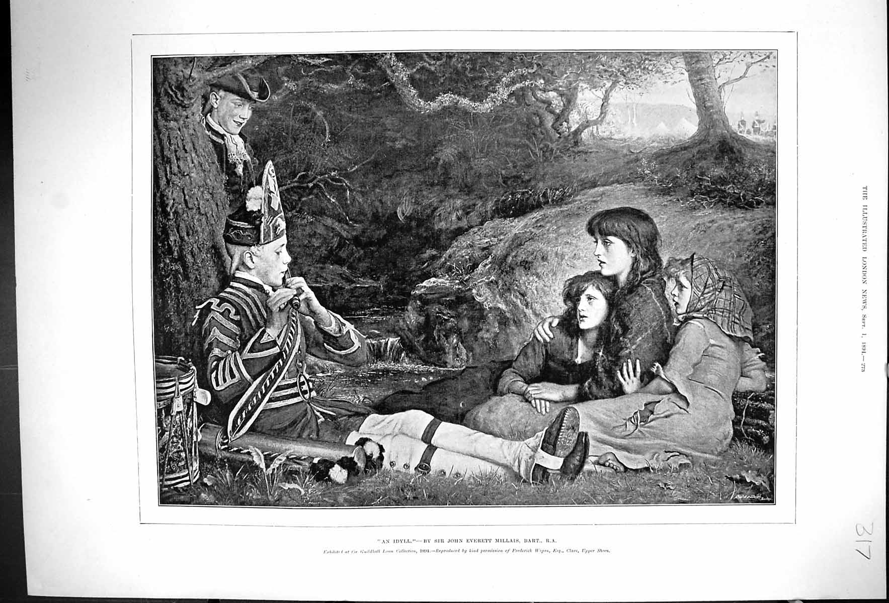 Original Old Antique Print 1894 Idyll Young Siers Music Children John Millais