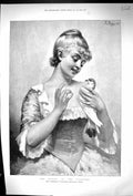 Original Old Antique Print 1889 Return The Wanderer Beautiful Woman Pigeon Bird