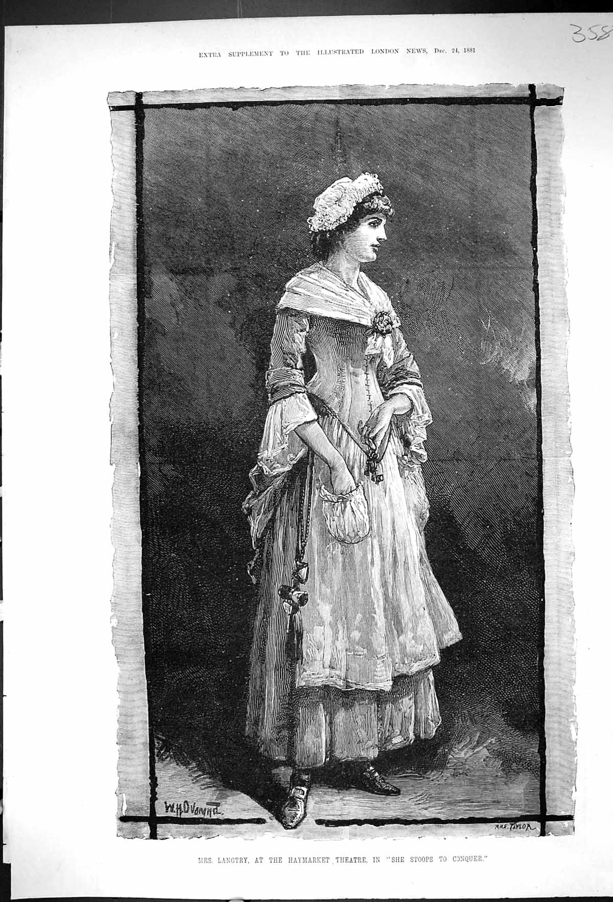 Original Old Antique Print 1881 Mrs Langtry Haymarket Theatre Stoops To Conquer