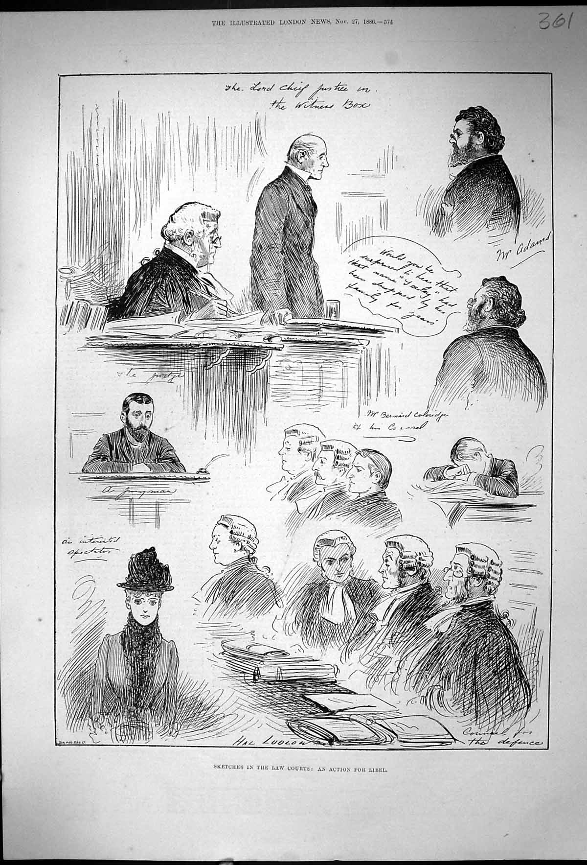 Old Antique Print 1886 Sketches Law Courts Action Libel Judge Witness Box 19th